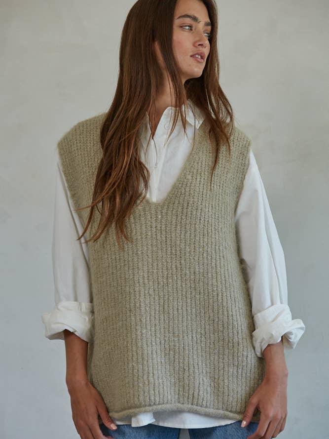 KNIT RIBBED PLUNG V-NECK SWEATER VEST -