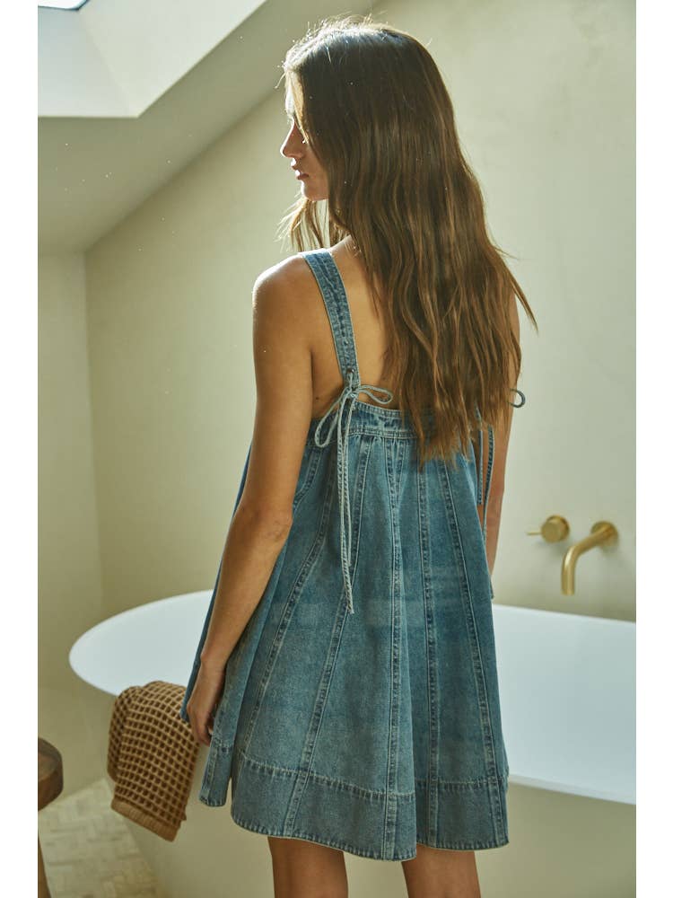 DENIM SQUARE NECK SLEEVELESS FLARE DRESS DRESS -   