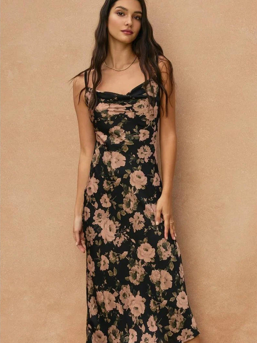 ASHEN ROSE COWL NECK MIDI DRESS - MIDNIGHT DRESSES OAK CLOTHING CO.