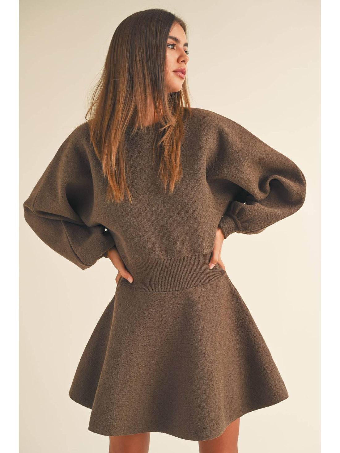 BALLOON SLEEVE SWEATER DRESS - BROWN DRESS -   