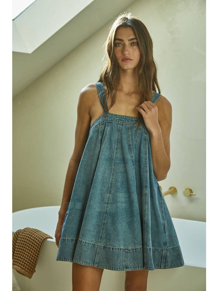 DENIM SQUARE NECK SLEEVELESS FLARE DRESS DRESS -   