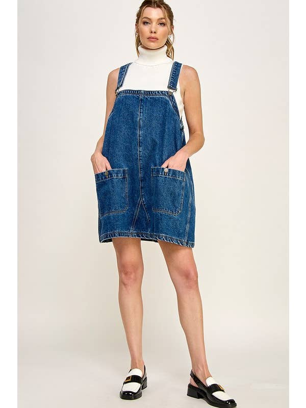 DENIM OVERALL SMOCK MINI DRESS DRESS -   