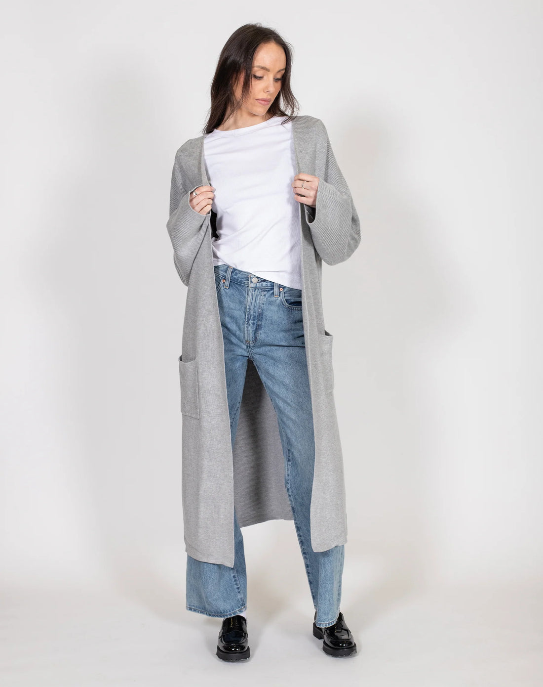 BRUNETTE THE LABEL MATILDA RIB KNIT OVERSIZED MAXI CARDIGAN - GREY CARDIGAN BRUNETTE THE LABEL   