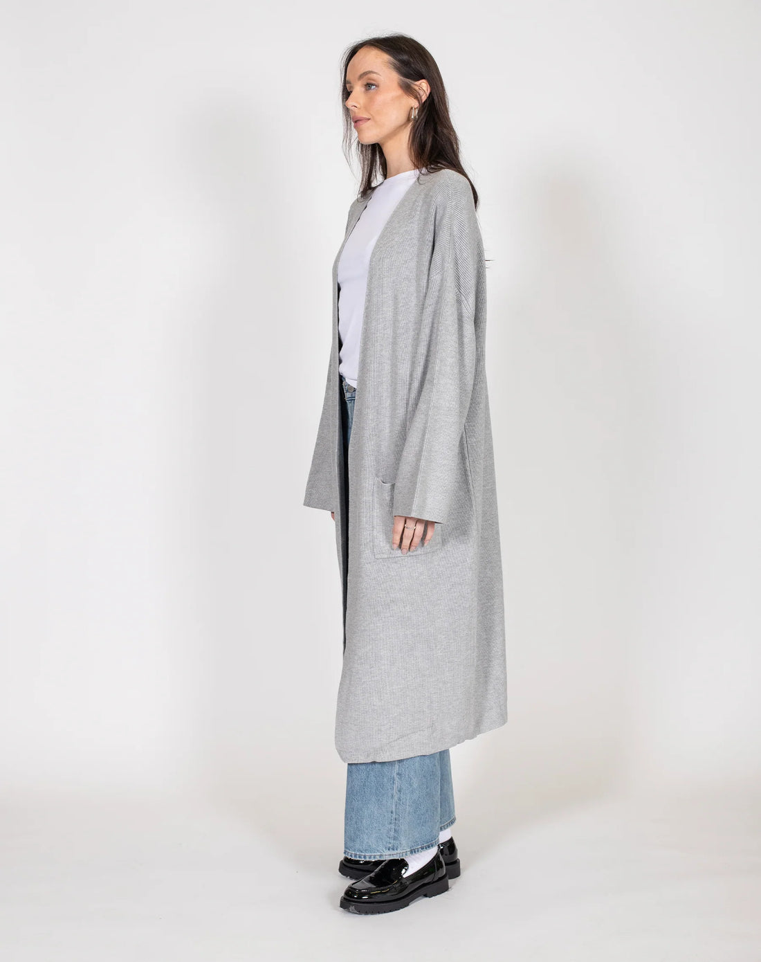 BRUNETTE THE LABEL MATILDA RIB KNIT OVERSIZED MAXI CARDIGAN - GREY CARDIGAN BRUNETTE THE LABEL   