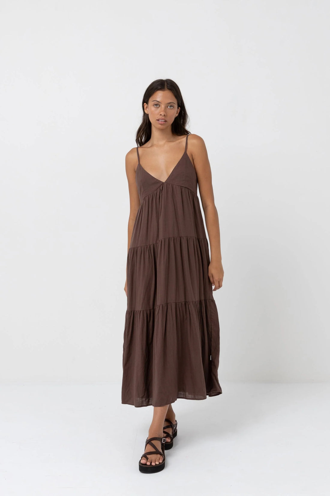 RHYTHM CLASSIC TIERED MIDI DRESS - CHOCOLATE DRESS RHYTHM   