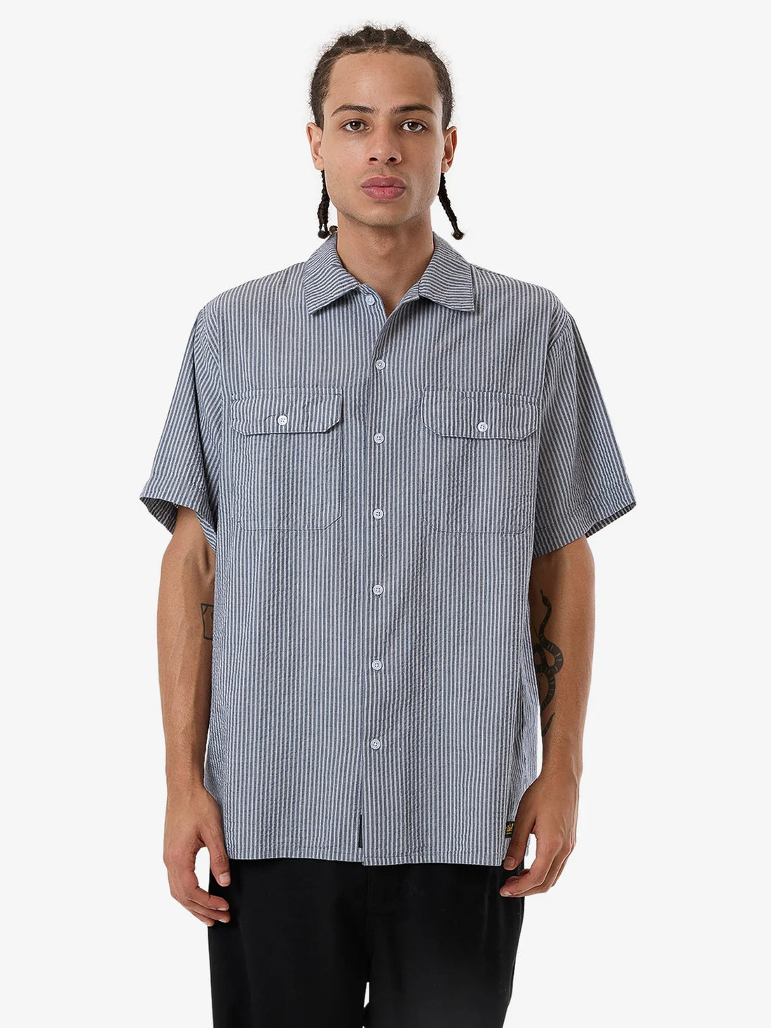 THRILLS UNION SHORT SLEEVE STRIPE WORK SHIRT - LIGHT PETROL SHIRT THRILLS   