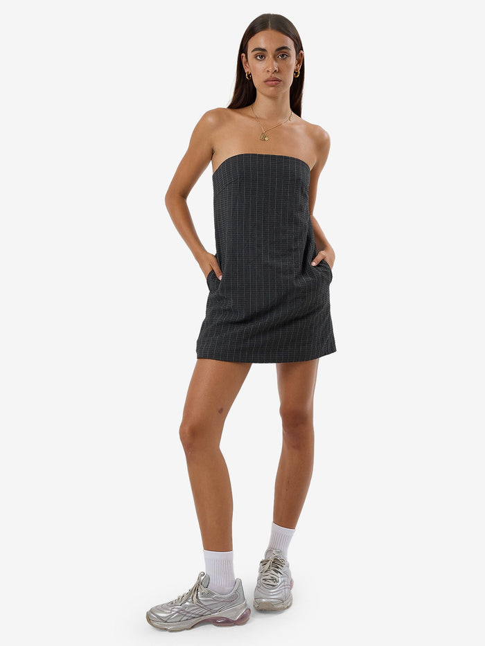 THRILLS COLBY STRAPLESS DRESS - CHARCOAL PINSTRIPE DRESS THRILLS   