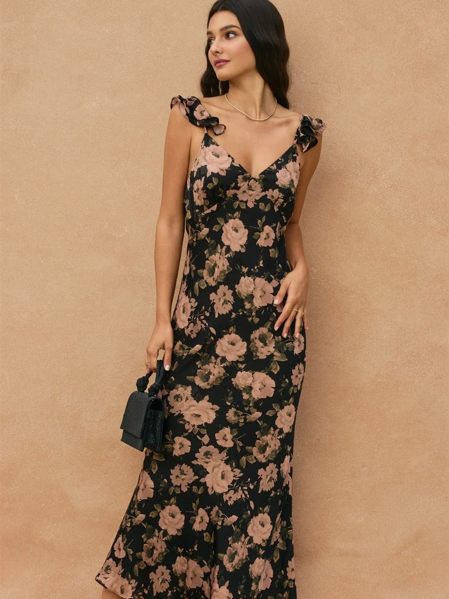 ASHEN ROSE FLUTTER SHOULDER MAXI DRESS - MIDNIGHT DRESSES OAK CLOTHING CO.
