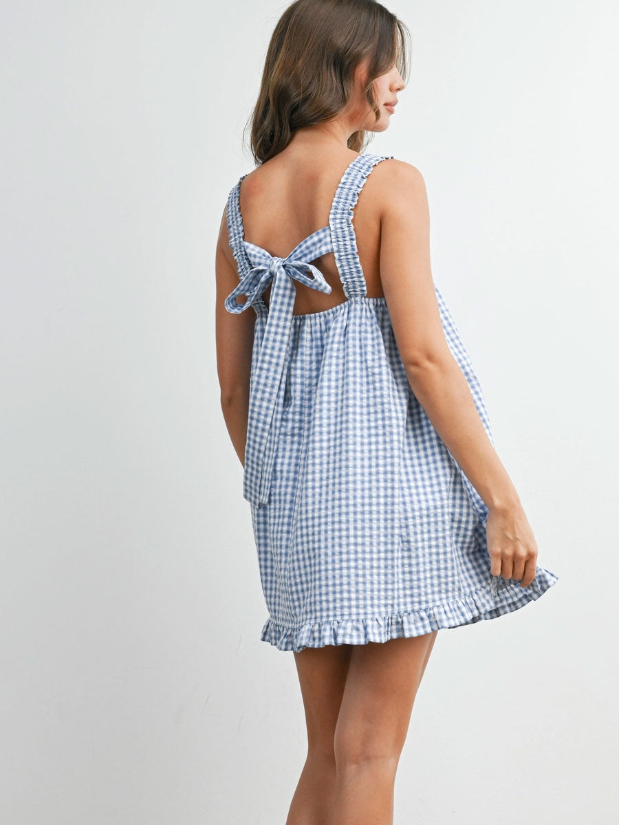 BACK TIE SMOCKED YOKE RUFFLE HEM DRESS - BLUE IVORY