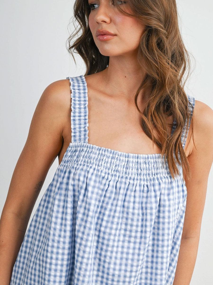 BACK TIE SMOCKED YOKE RUFFLE HEM DRESS - BLUE IVORY