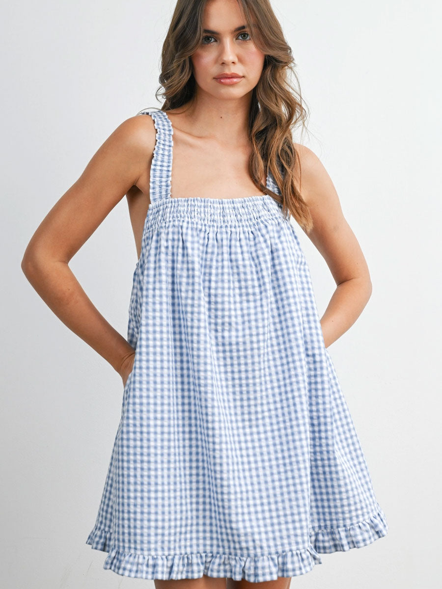 BACK TIE SMOCKED YOKE RUFFLE HEM DRESS - BLUE IVORY