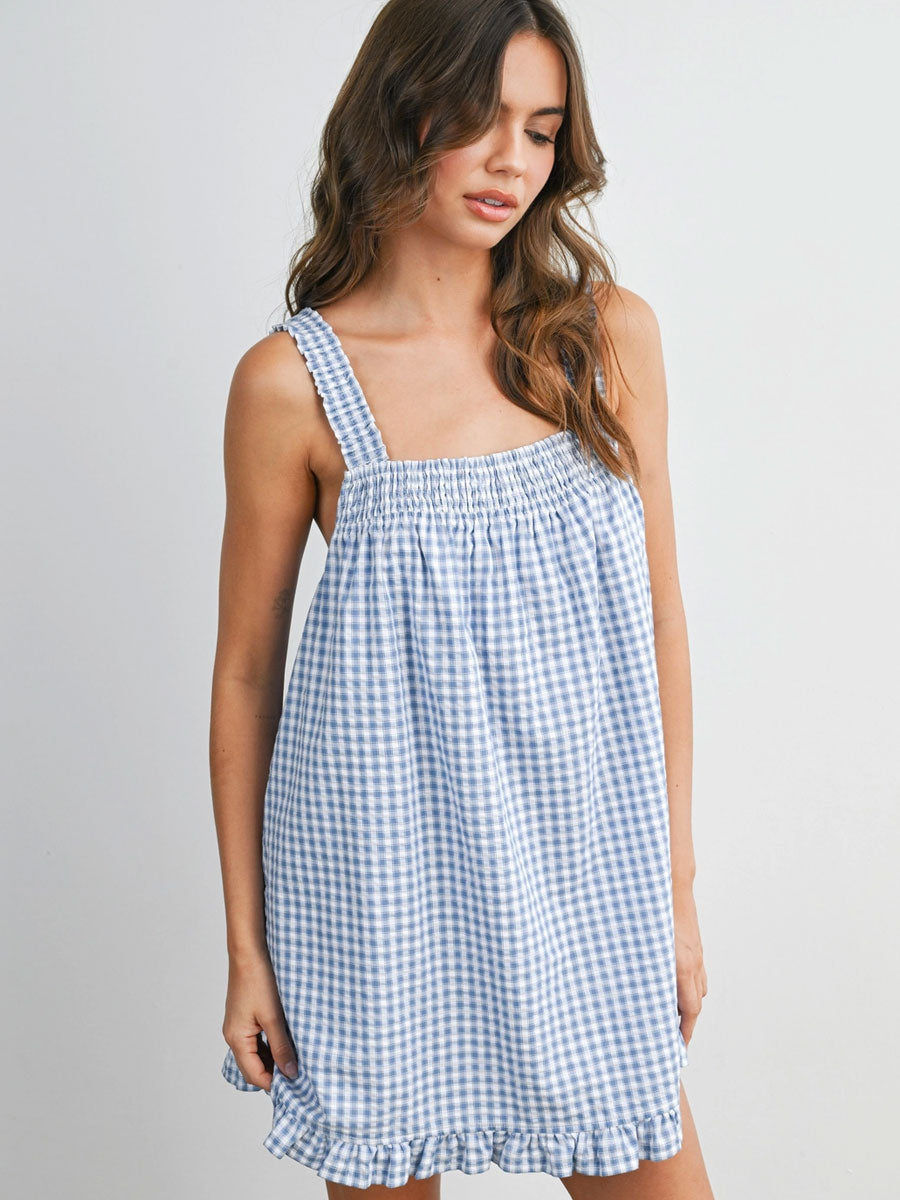 BACK TIE SMOCKED YOKE RUFFLE HEM DRESS - BLUE IVORY