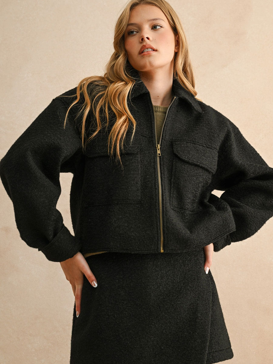 BIG POCKET CROPPED ZIPPER JACKET - BLACK JACKET -