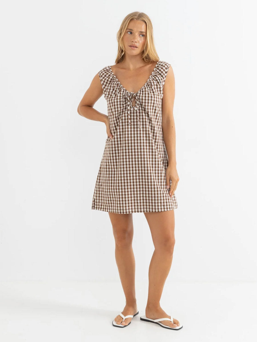 RHYTHM BIRDIE GINGHAM MINI DRESS - BROWN