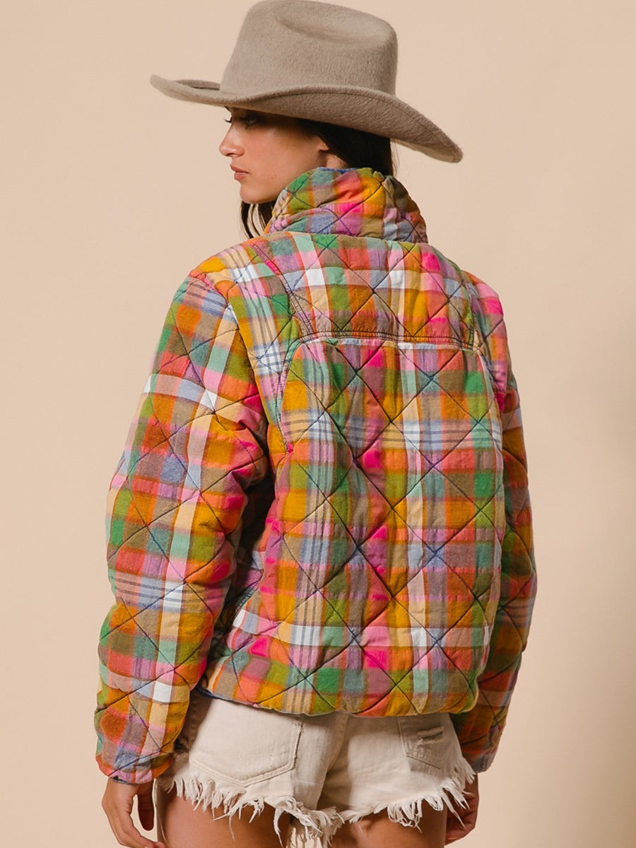 BLEACHED VINTAGE PLAID QUILTED JACKET WITH POCKETS - STAINED GLASS