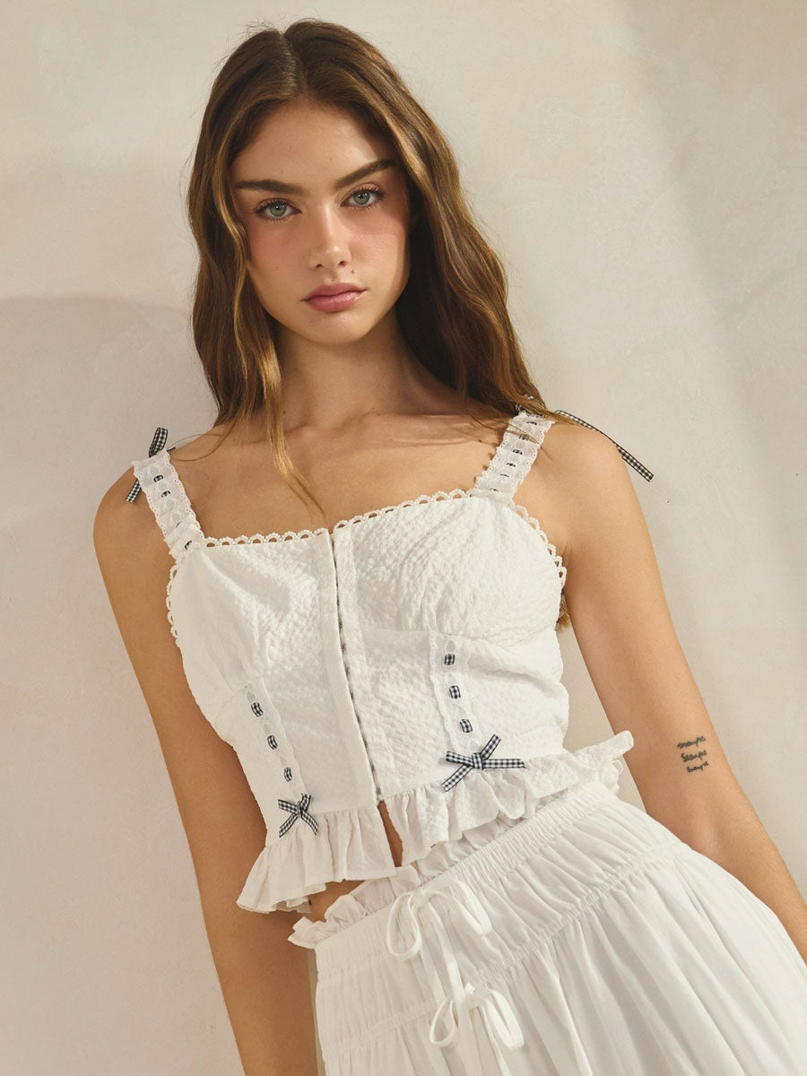 GINGHAM BOW CROPPED TANK - OFF WHITE TOPS OAK CLOTHING CO.
