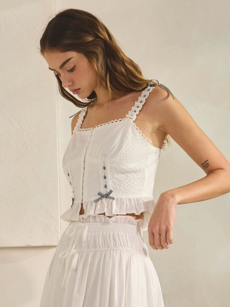 GINGHAM BOW CROPPED TANK - OFF WHITE TOPS OAK CLOTHING CO.