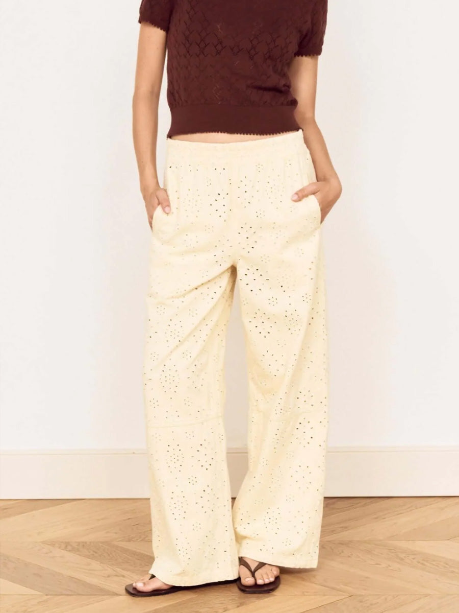 MINKPINK ABREA BRODERIE DENIM PANT - CREAM PANTS MINKPINK