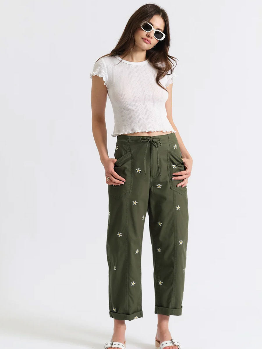DAZE VILLA DRAWSTRING BARREL - BRONZE GREEN DAISY PANTS DAZE DENIM