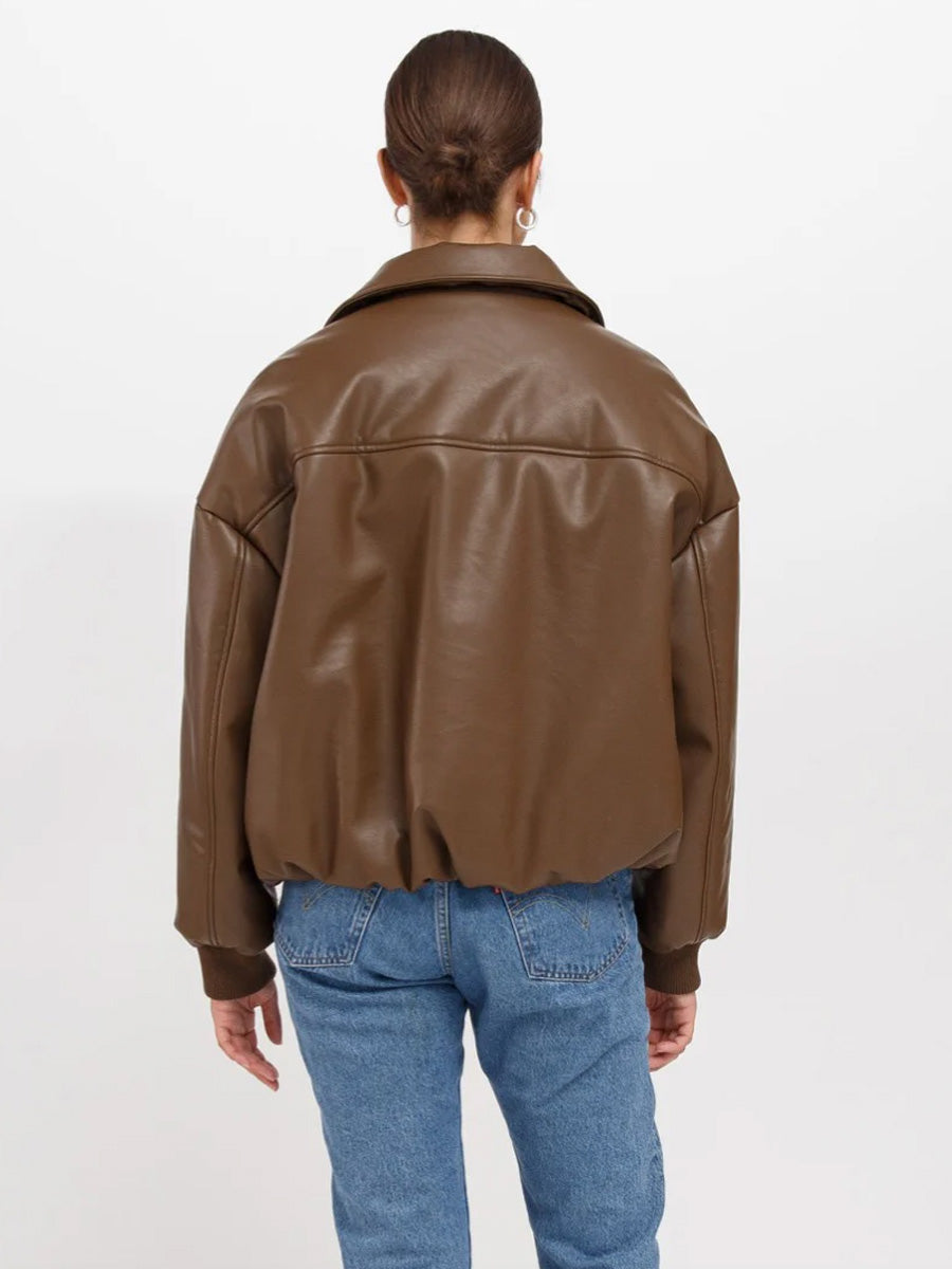 BRUNETTE THE LABEL MIRIAM VEGAN LEATHER BOMBER JACKET - CHOCOLATE BROWN JACKET BRUNETTE THE LABEL   