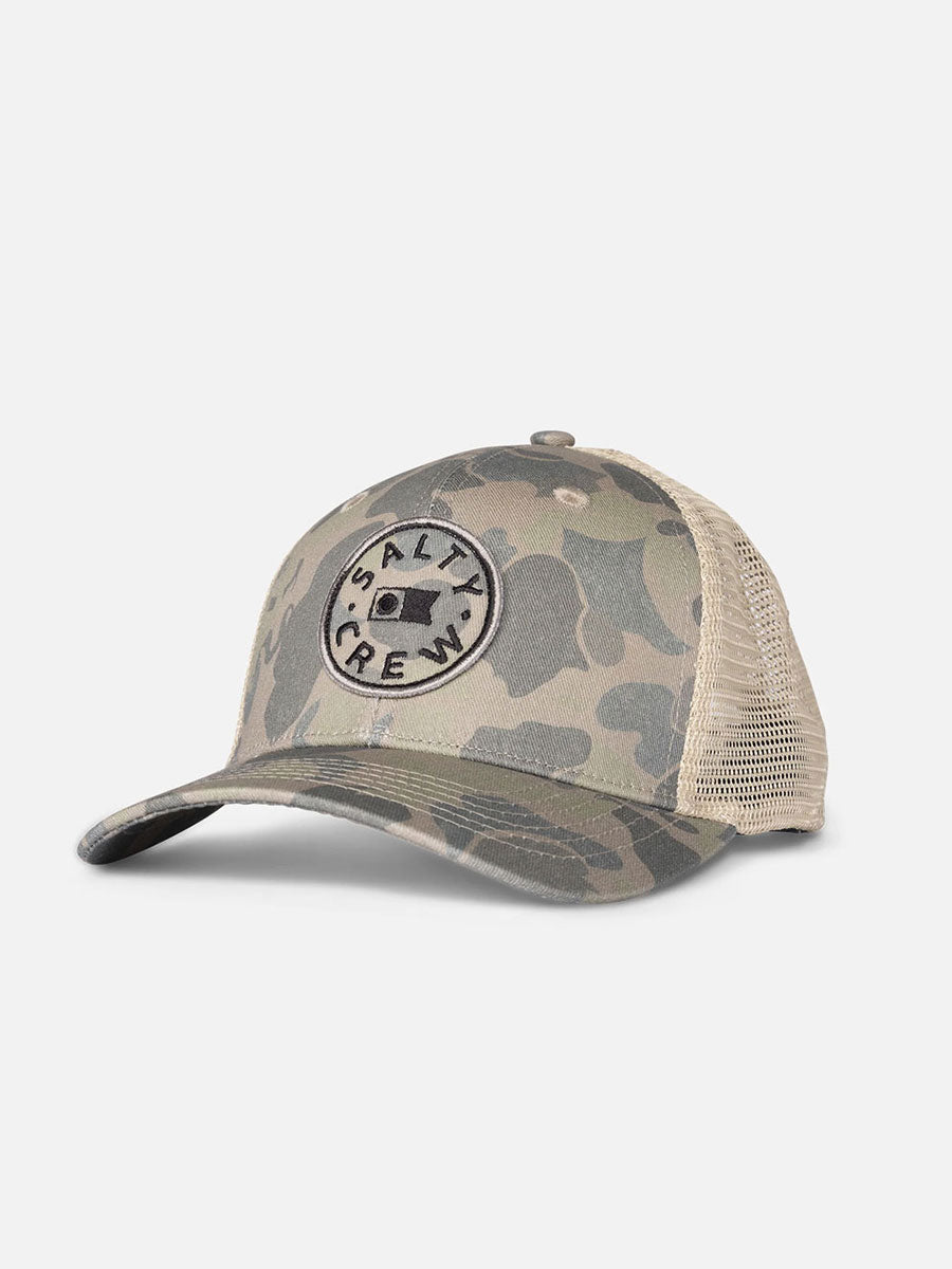 SALTY CREW WATERMARK RETRO TRUCKER HAT - SAND CAMO HAT -