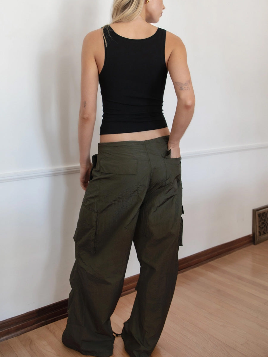DRAWSTRING PARACHUTE CARGO PANTS - OLIVE