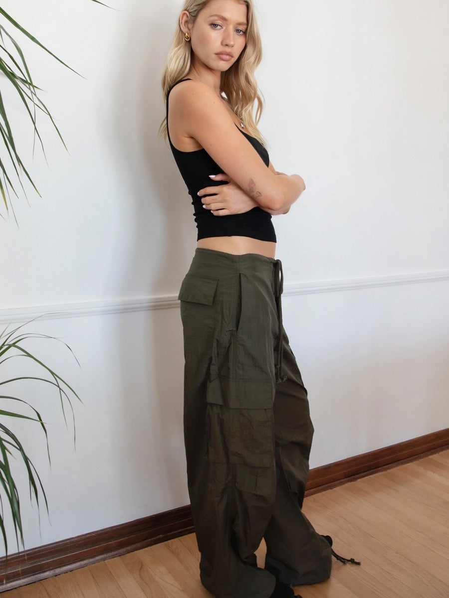 DRAWSTRING PARACHUTE CARGO PANTS - OLIVE