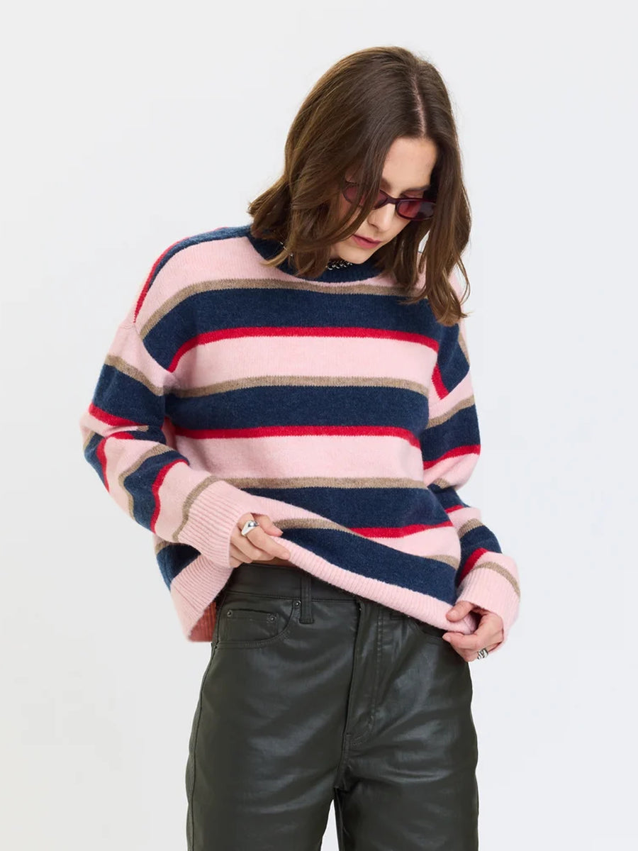 DAZE DENIM CARLYLE EVERYDAY CREW NECK SWEATER - CORAL STRIPE SWEATERS DAZE DENIM