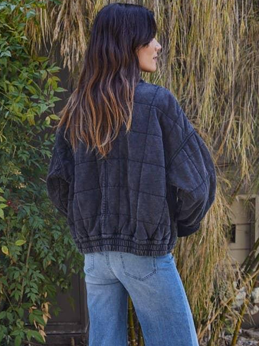 LONG SLEEVE QUILTED KNIT MINERAL WASHED JACKET - CHARCOAL JACKETS OAK CLOTHING CO.
