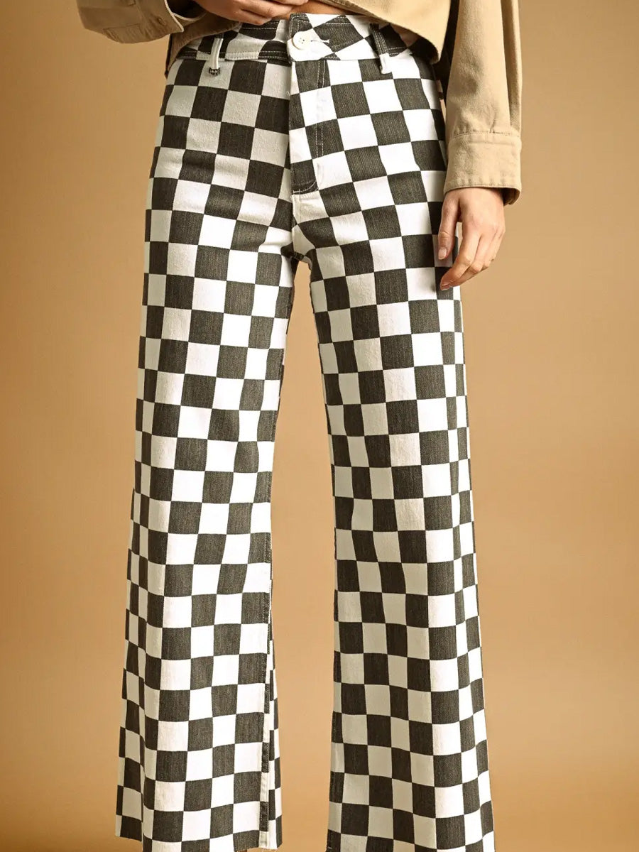 CHECKER BOARD STRETCH PANTS - CHARCOAL