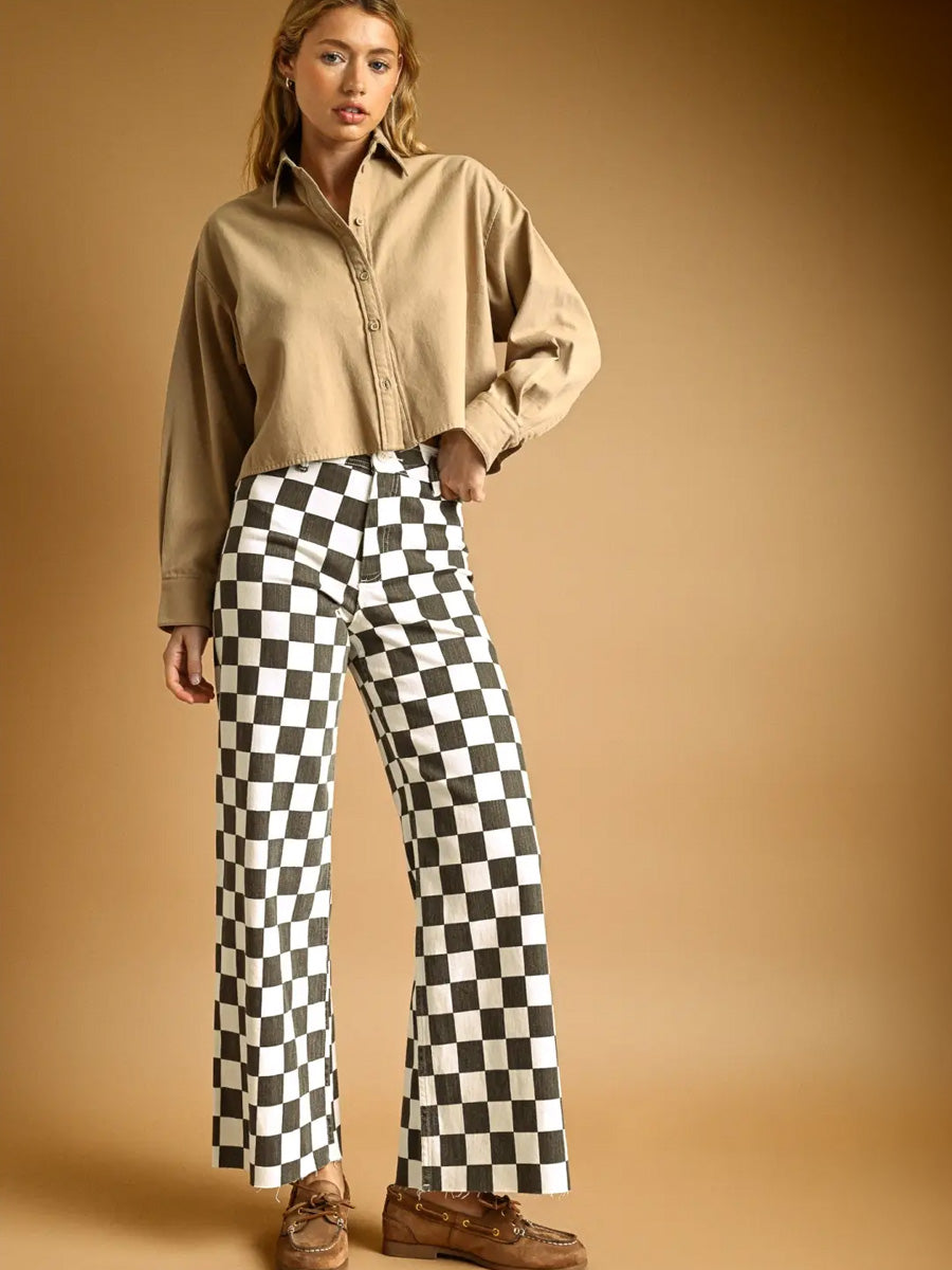 CHECKER BOARD STRETCH PANTS - CHARCOAL