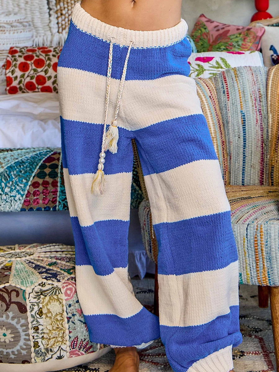 STRIPED PATTERN CHENILLE PANTS - BLUE / CREAM PANTS OAK CLOTHING CO.