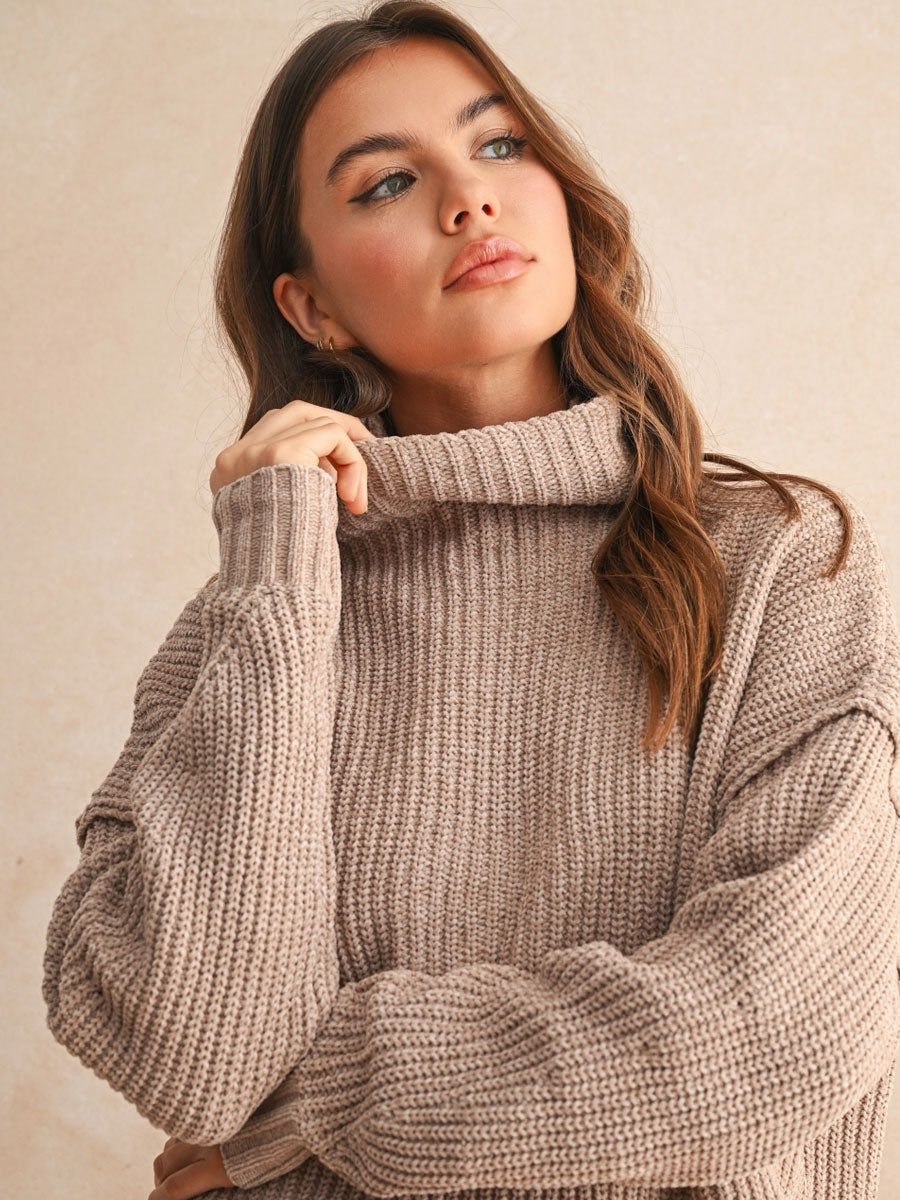 CHENILLE HIGH NECK SWEATER - SAND SWEATERS OAK CLOTHING CO.