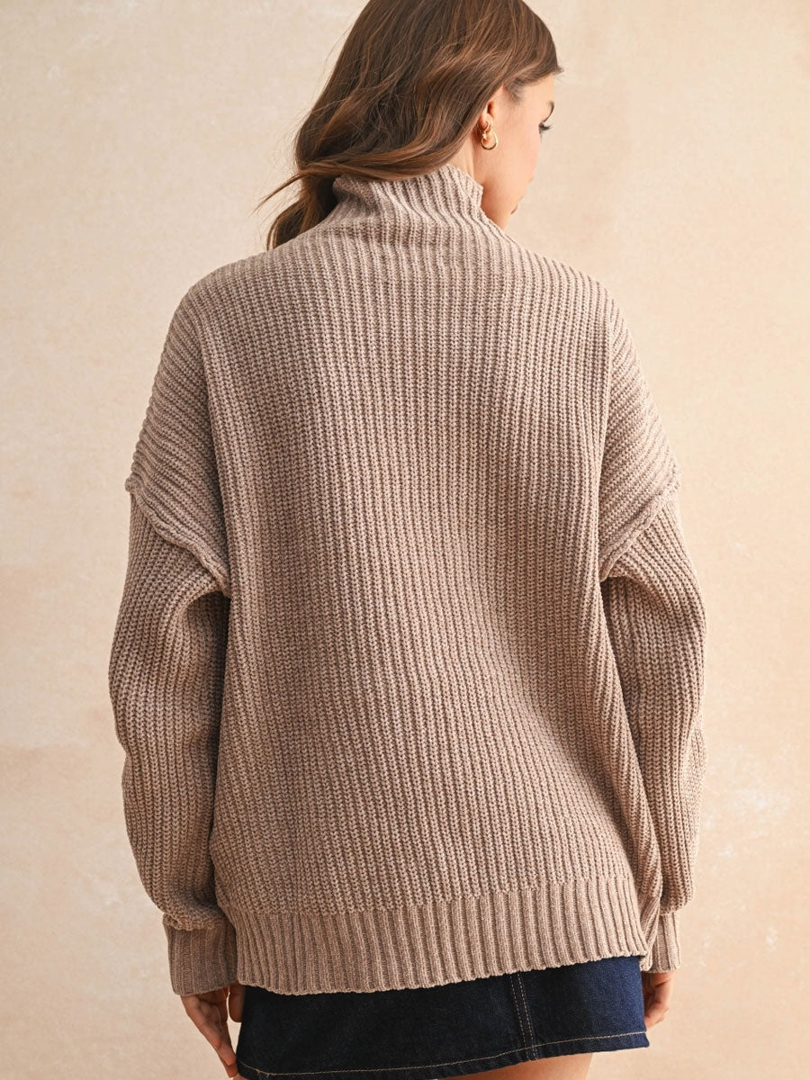 CHENILLE HIGH NECK SWEATER - SAND SWEATERS OAK CLOTHING CO.
