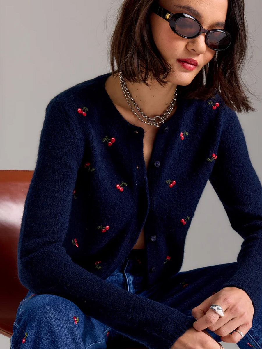 DAZE DENIM MUSE EMBROIDERED FITTED CARDIGAN - CHERRY