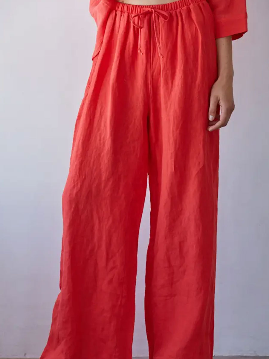 WOVEN LINEN WIDE LEG PANTS WITH TIE STRAP - CHILI PEPPER PANTS OAK CLOTHING CO.