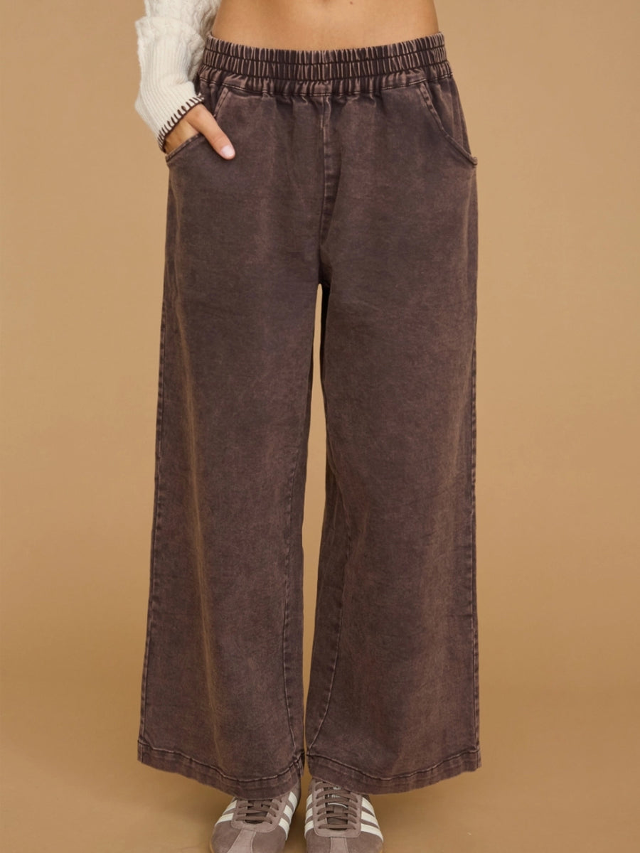 WASHED PULL ON WIDE LEG PANTS - CHOCOLATE | OAK CLOTHING CO.