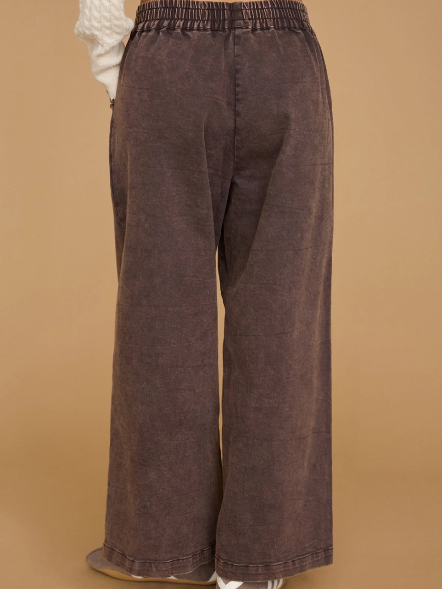 WASHED PULL ON WIDE LEG PANTS - CHOCOLATE | OAK CLOTHING CO.