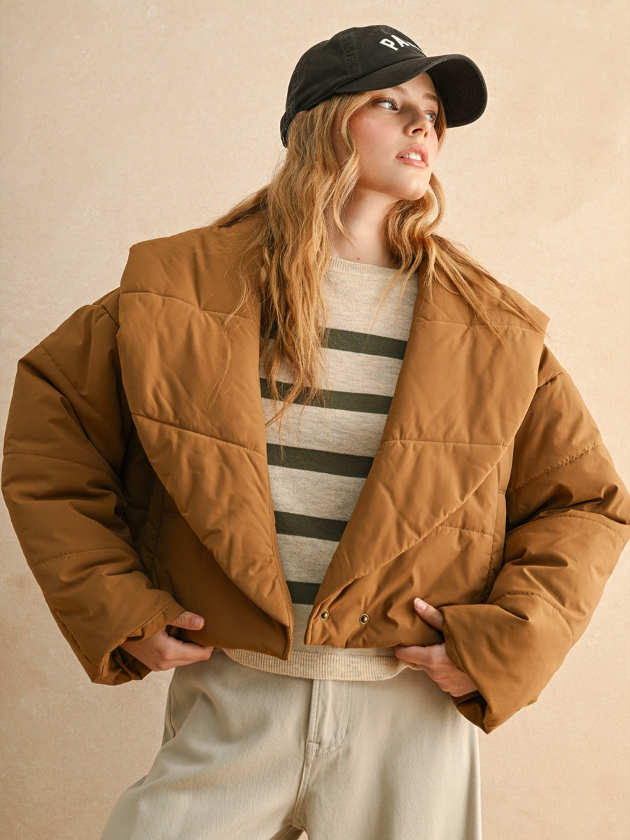 BIG COLLARD PUFFER JACKET - COFFEE JACKETS OAK CLOTHING CO.