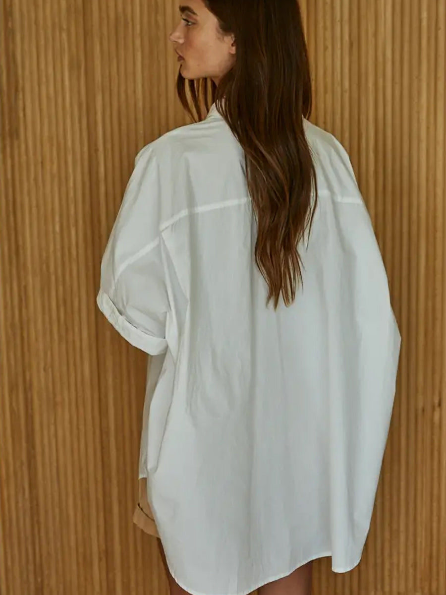 WOVEN COTTON OVERSIZED CUFF HEM SHIRT - OFF WHITE SHIRTS OAK CLOTHING CO.