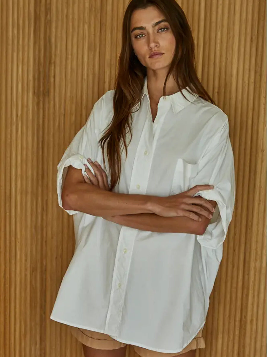 WOVEN COTTON OVERSIZED CUFF HEM SHIRT - OFF WHITE SHIRTS OAK CLOTHING CO.