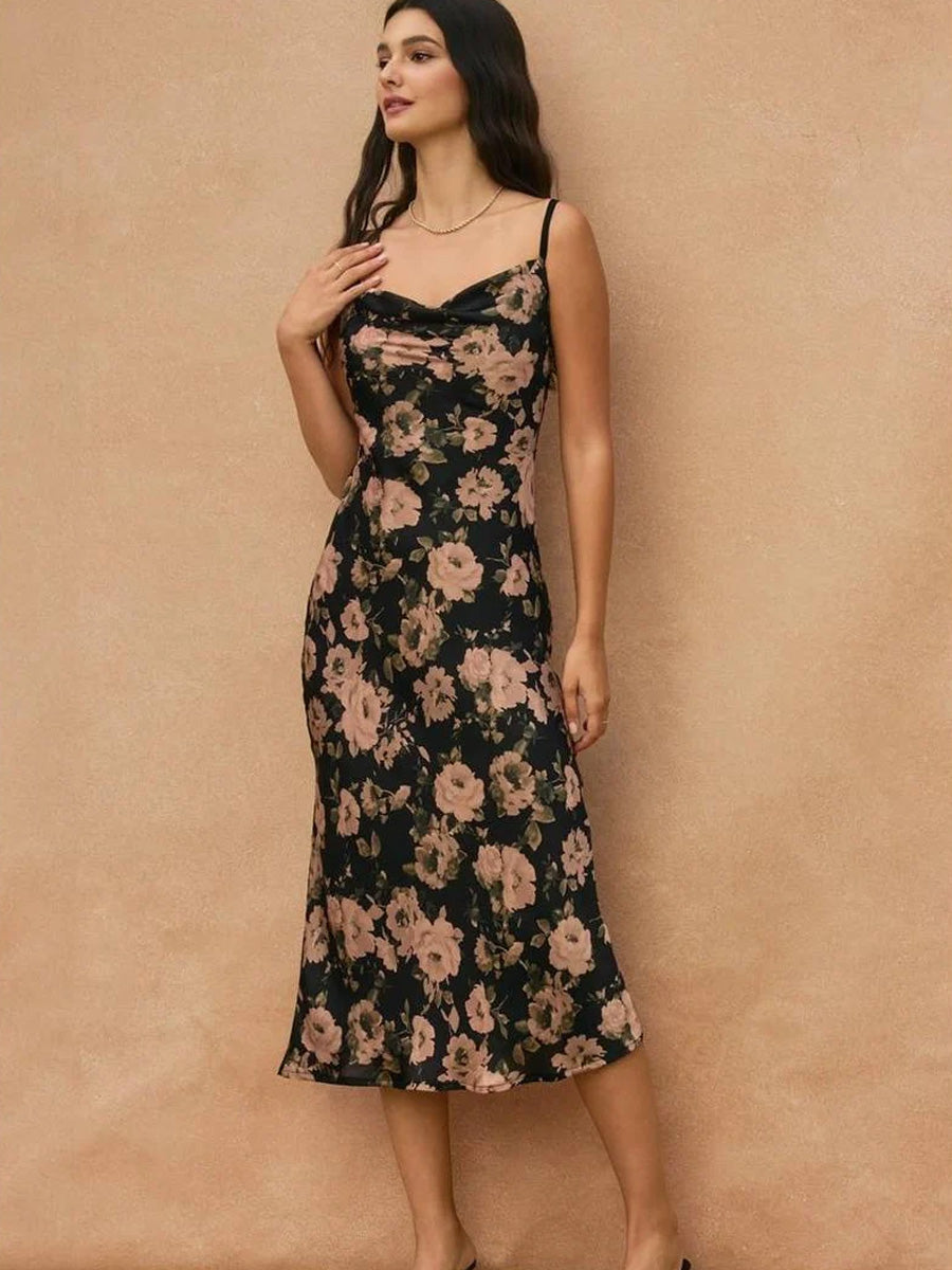 ASHEN ROSE COWL NECK MIDI DRESS - MIDNIGHT DRESSES OAK CLOTHING CO.