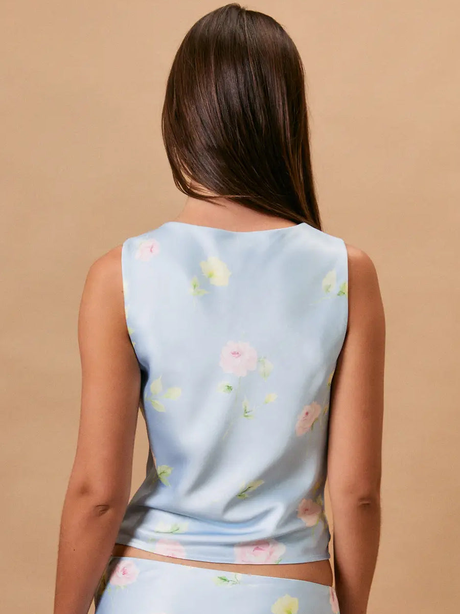 SLEEVELESS COWL NECK FLORAL BIAS TOP - BLUE FLORAL TANK TOPS LE LIS