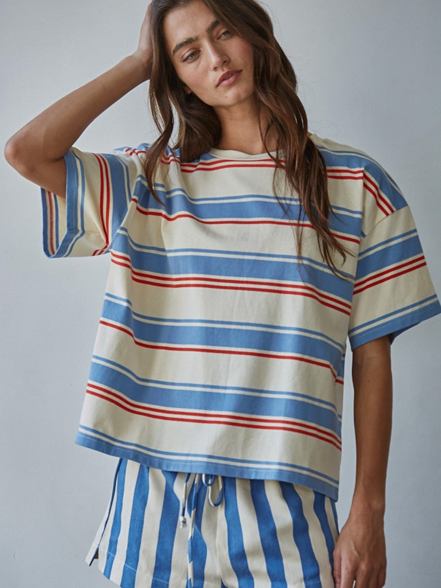KNIT COTTON MULTI STRIPED SHORT SLEEVE TOP - CREAM BLUE T-SHIRTS BY TOGETHER