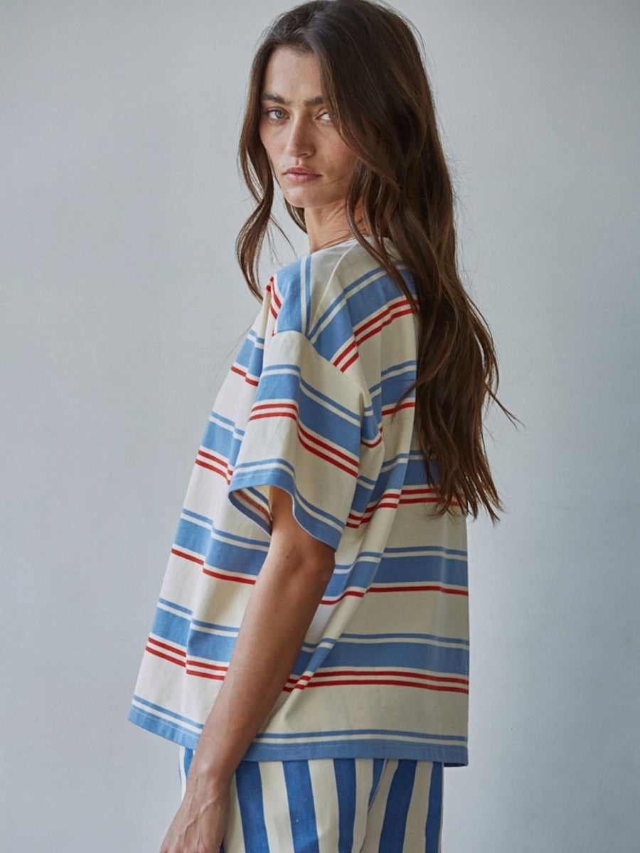 KNIT COTTON MULTI STRIPED SHORT SLEEVE TOP - CREAM BLUE T-SHIRTS BY TOGETHER