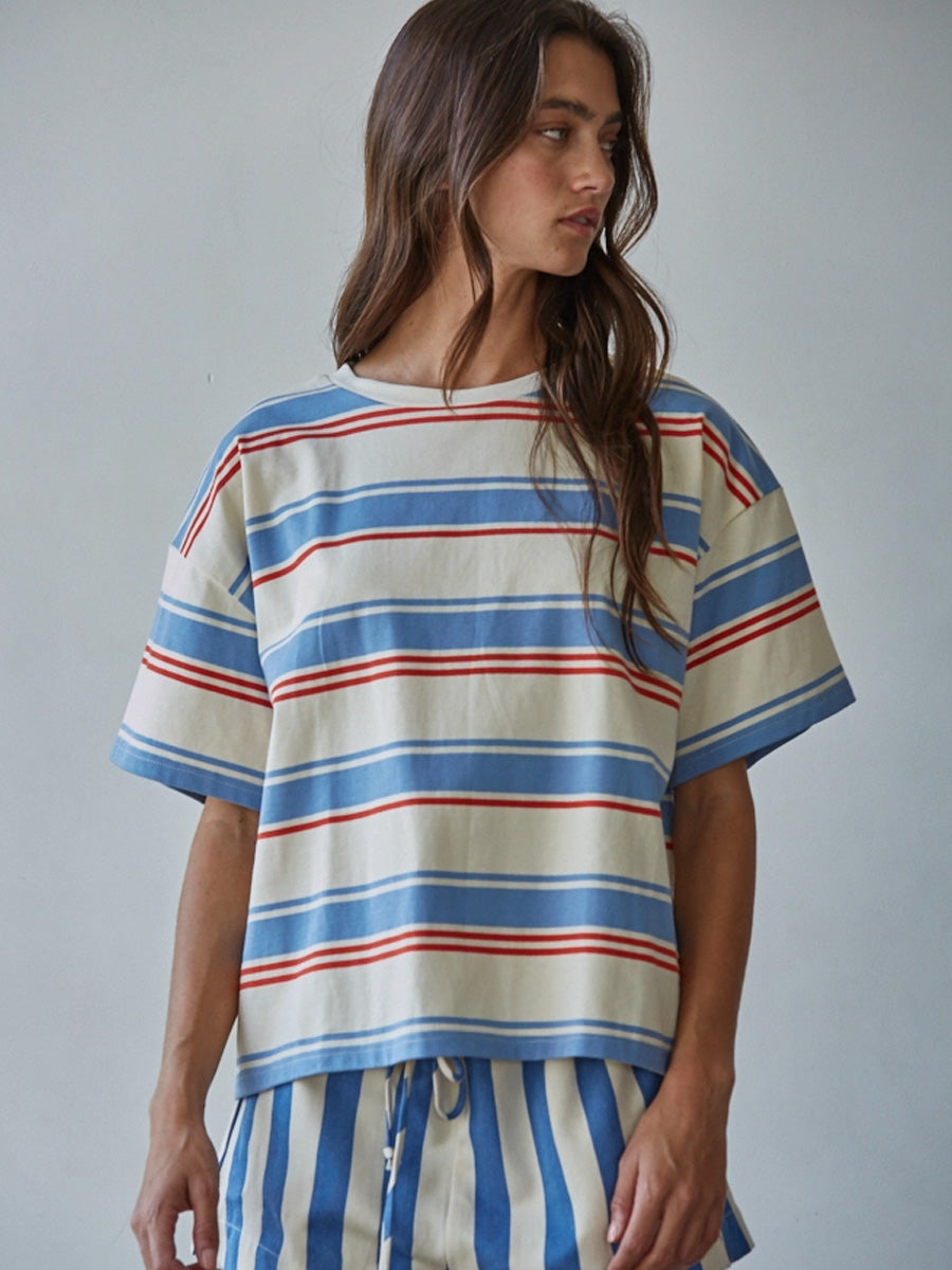 KNIT COTTON MULTI STRIPED SHORT SLEEVE TOP - CREAM BLUE T-SHIRTS BY TOGETHER