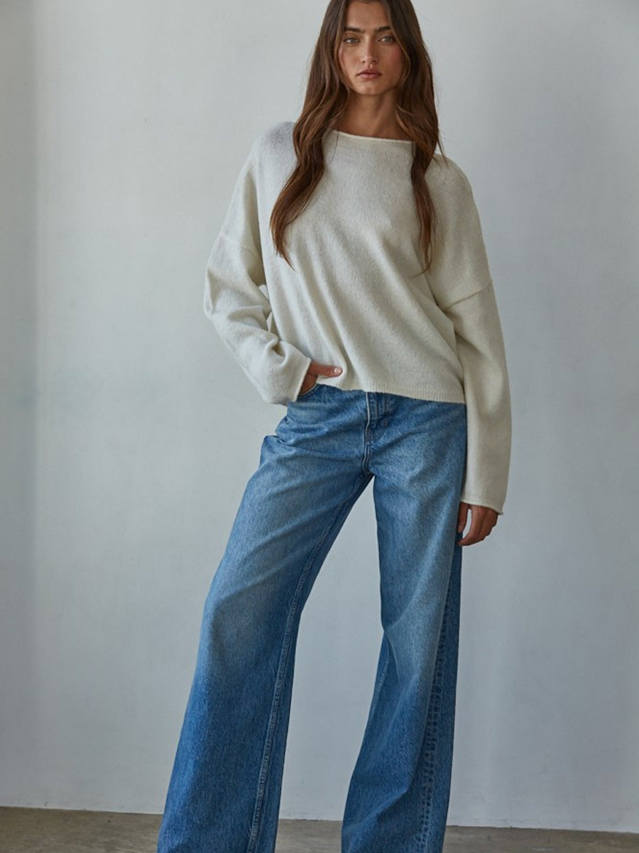 KNIT SWEATER WITH ROLLED ROUND NECK - OFF WHITE SWEATERS OAK CLOTHING CO.