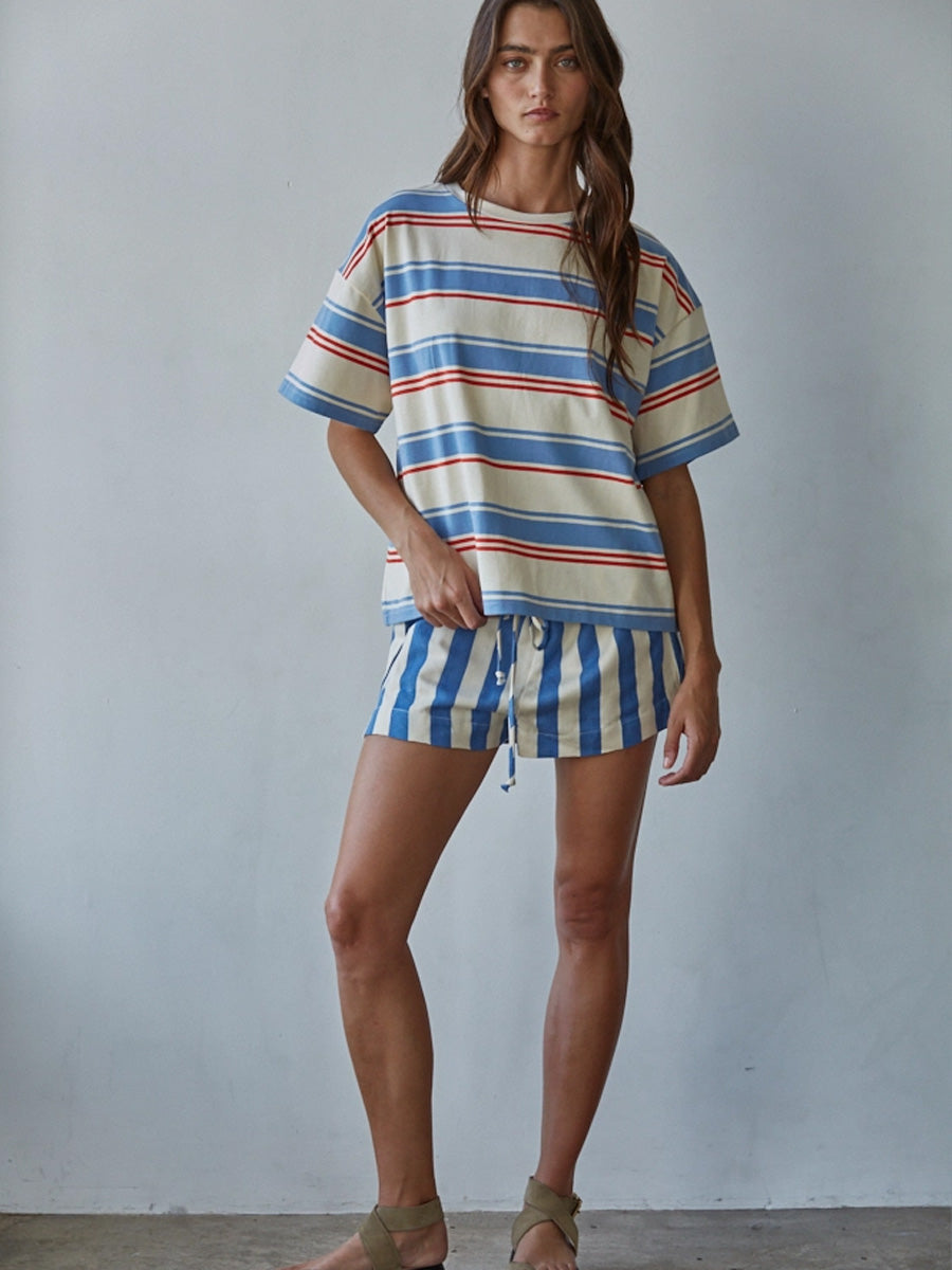 KNIT COTTON MULTI STRIPED SHORT SLEEVE TOP - CREAM BLUE T-SHIRTS BY TOGETHER
