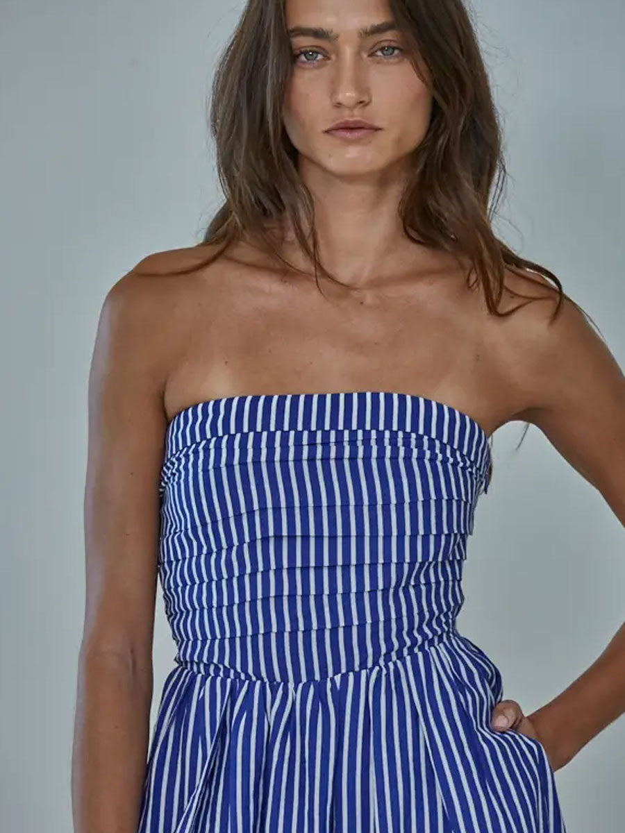 STRIPED STRAPLESS FLARE MAXI DRESS - DENIM BLUE