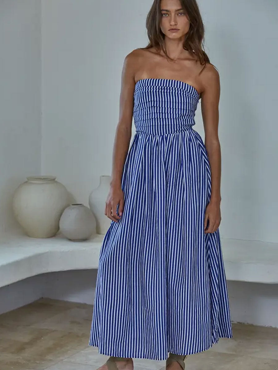 STRIPED STRAPLESS FLARE MAXI DRESS - DENIM BLUE